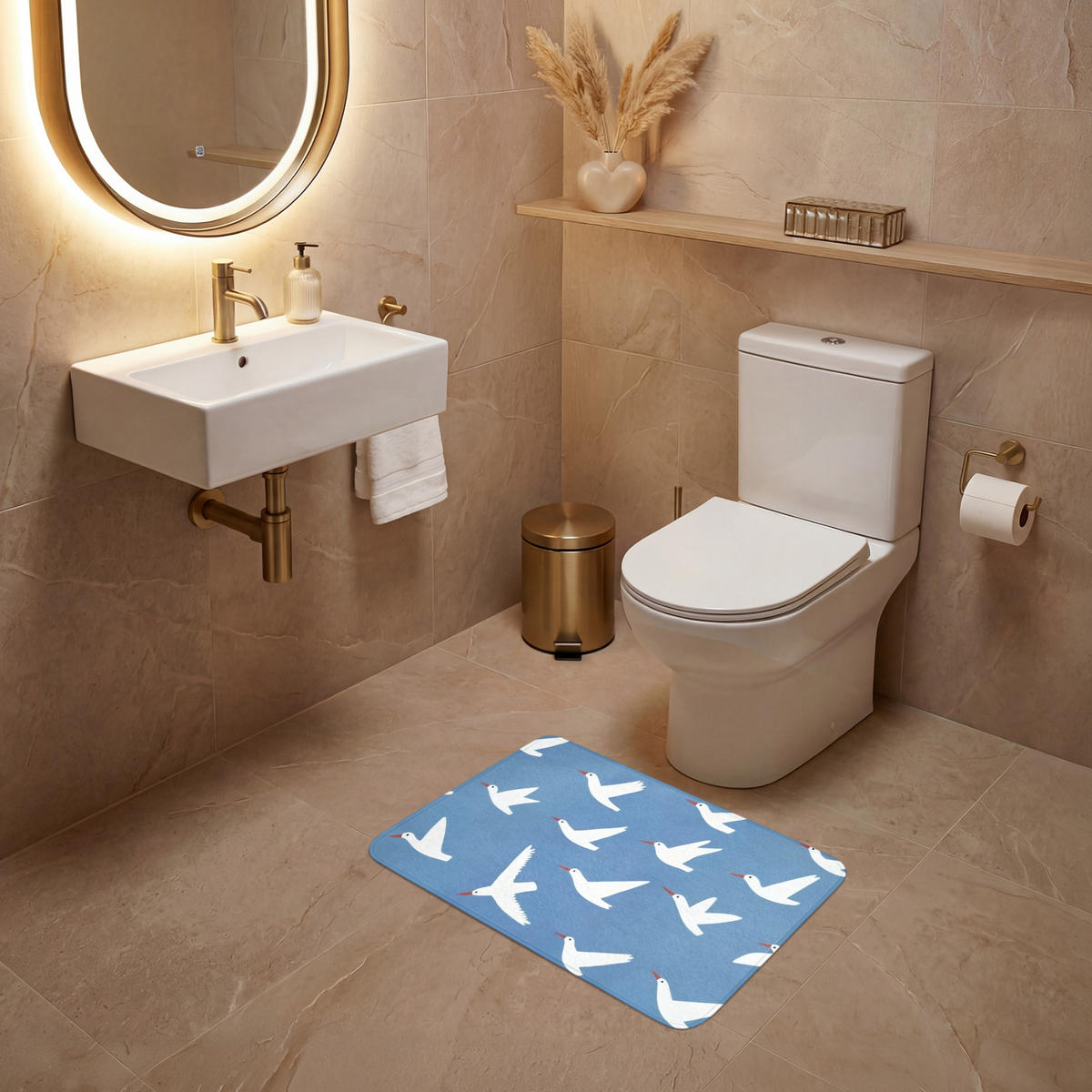 WC PŘEDLOŽKA Ptáci - bílá - vzor 60x40 cm - modrá, textil/plast (60/1cm) - OnlyWow