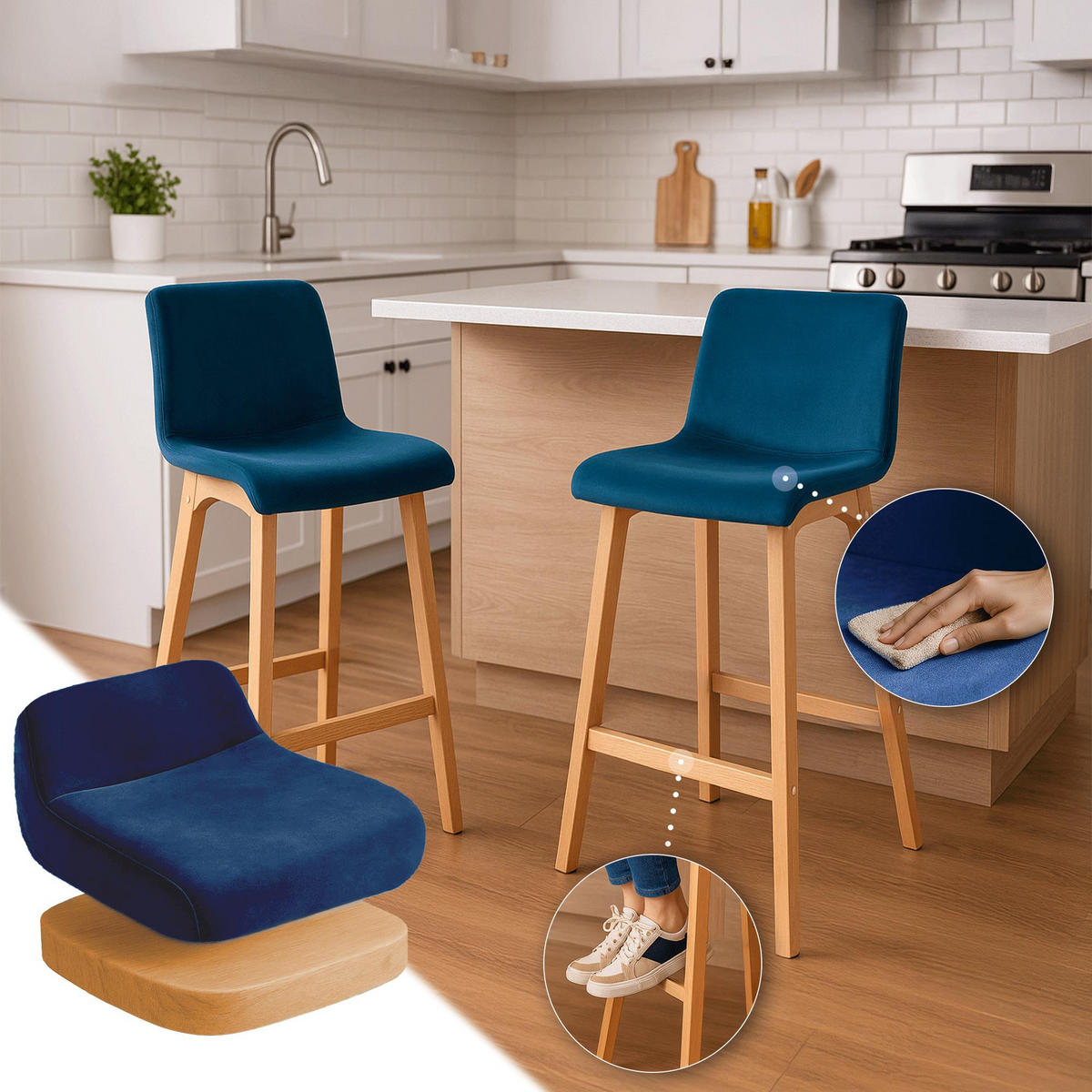 BARHOCKER Samt Blau - Blau/Eukalyptusholzfarben, Holz/Textil (41/101/46cm) - CLP