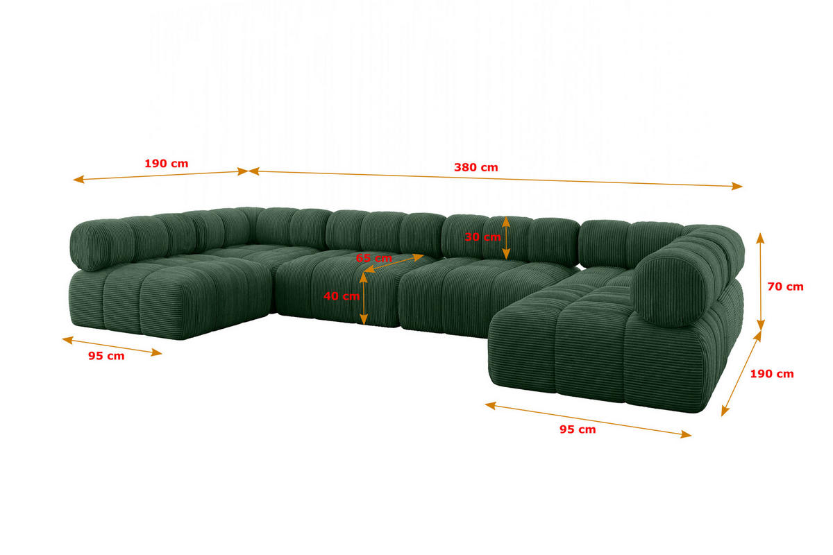 WOHNLANDSCHAFT modulares Sofa Garvo-U2 - 380x190x70 cm Grün Cord - Grün, Holzwerkstoff/Textil (380/70/190cm) - ALTDECOR