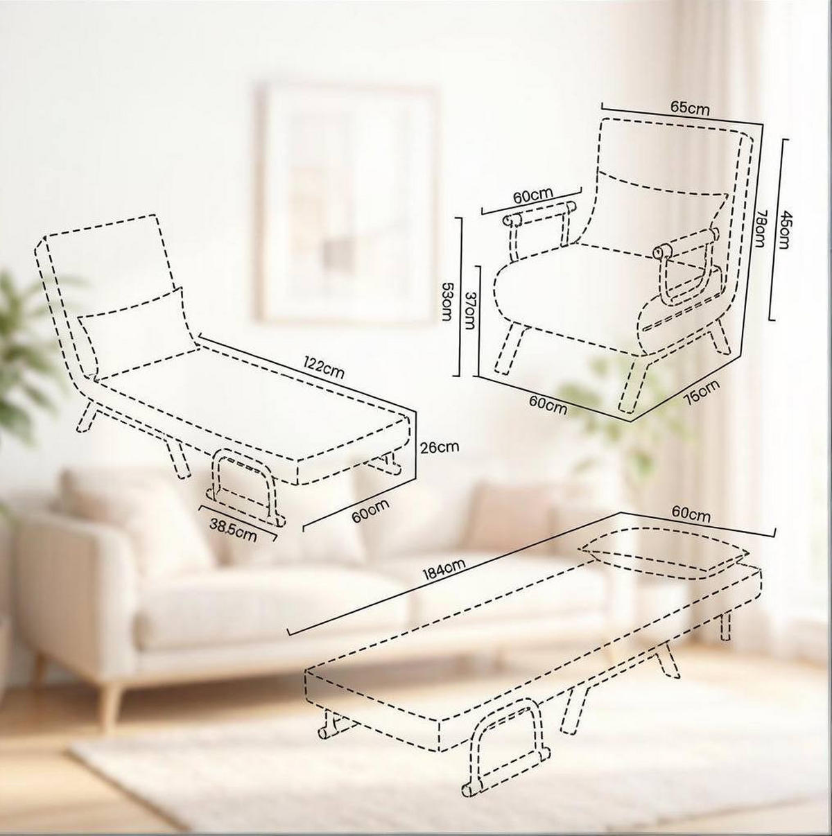 SCHLAFSESSEL 78/65/75 cm braun aus Leinen und Metall, 3-in-1 - Braun, Kunststoff (75/78/65cm) - OKWISH