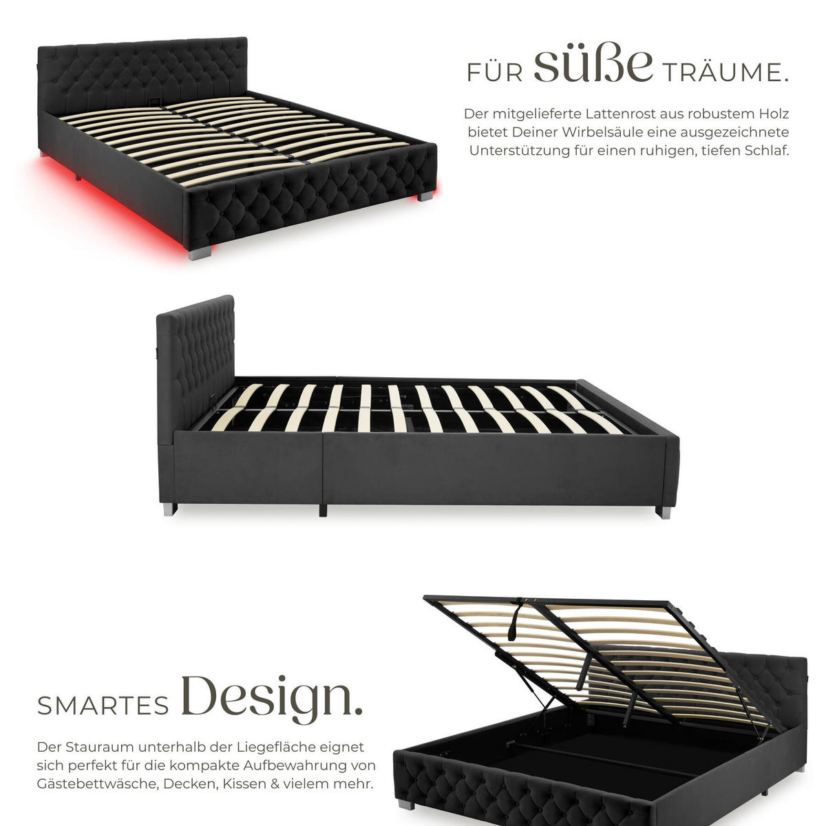 POLSTERBETT Daytona, großer Stauraum, Samtoptik schwarz - Schwarz/Samtahornfarben, Holz (180/200cm) - tectake