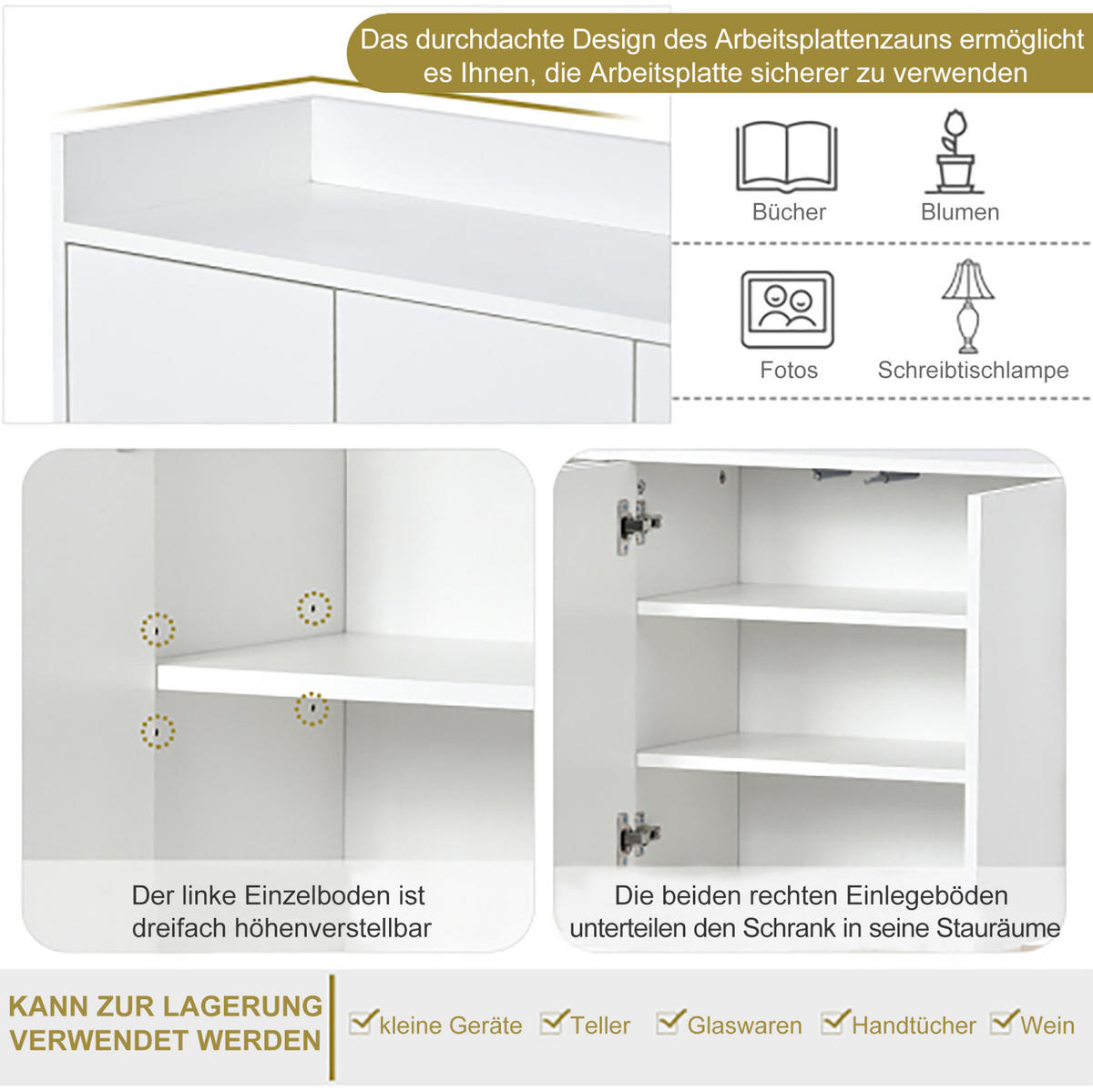 SIDEBOARD 120/30/80 cm in Weiß mit 4 Türen und verstellbaren Einlegeböden - Weiß, Holzwerkstoff (120/80/30cm) - Flora Grace