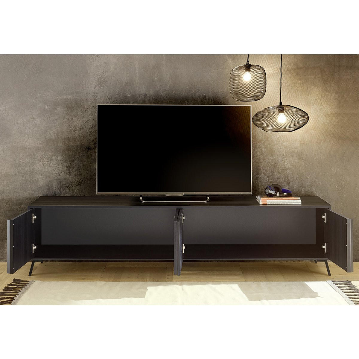 TV-MÖBEL mit 4 Türen L205 cm - City - Schwarz, Holzwerkstoff (40/48/205cm) - Calicosy