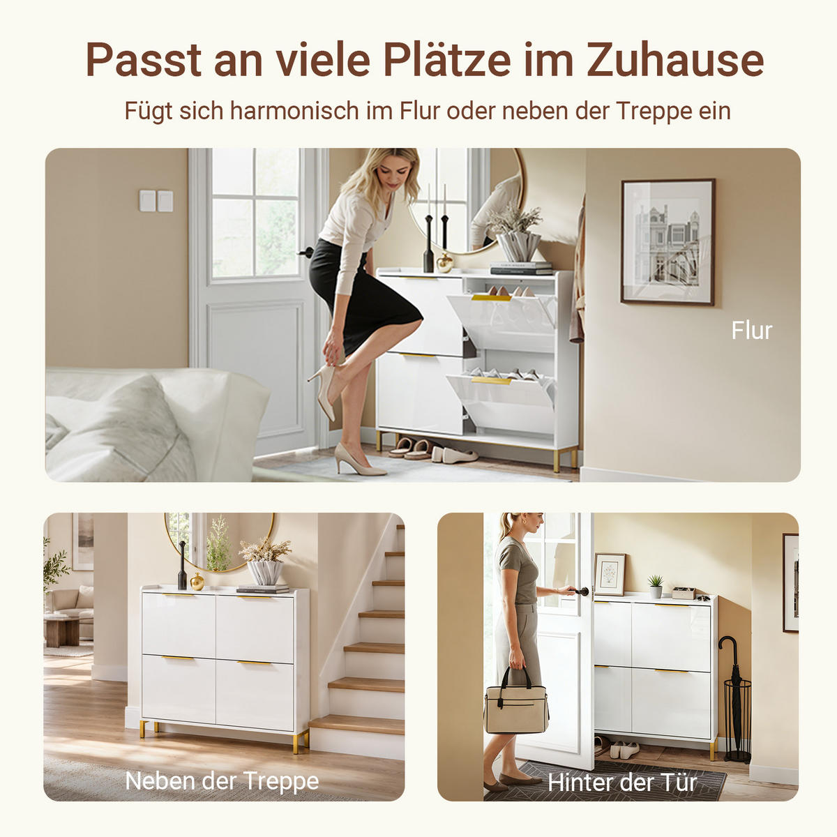 SCHUHSCHRANK weiß hochglanz, 100 x 88 x 19 cm, 4 Klappen für ca. 8 Paare bis EU 46, goldene Griffe und Füße - Weiß, Holzwerkstoff (100/90/19cm) - SoBuy