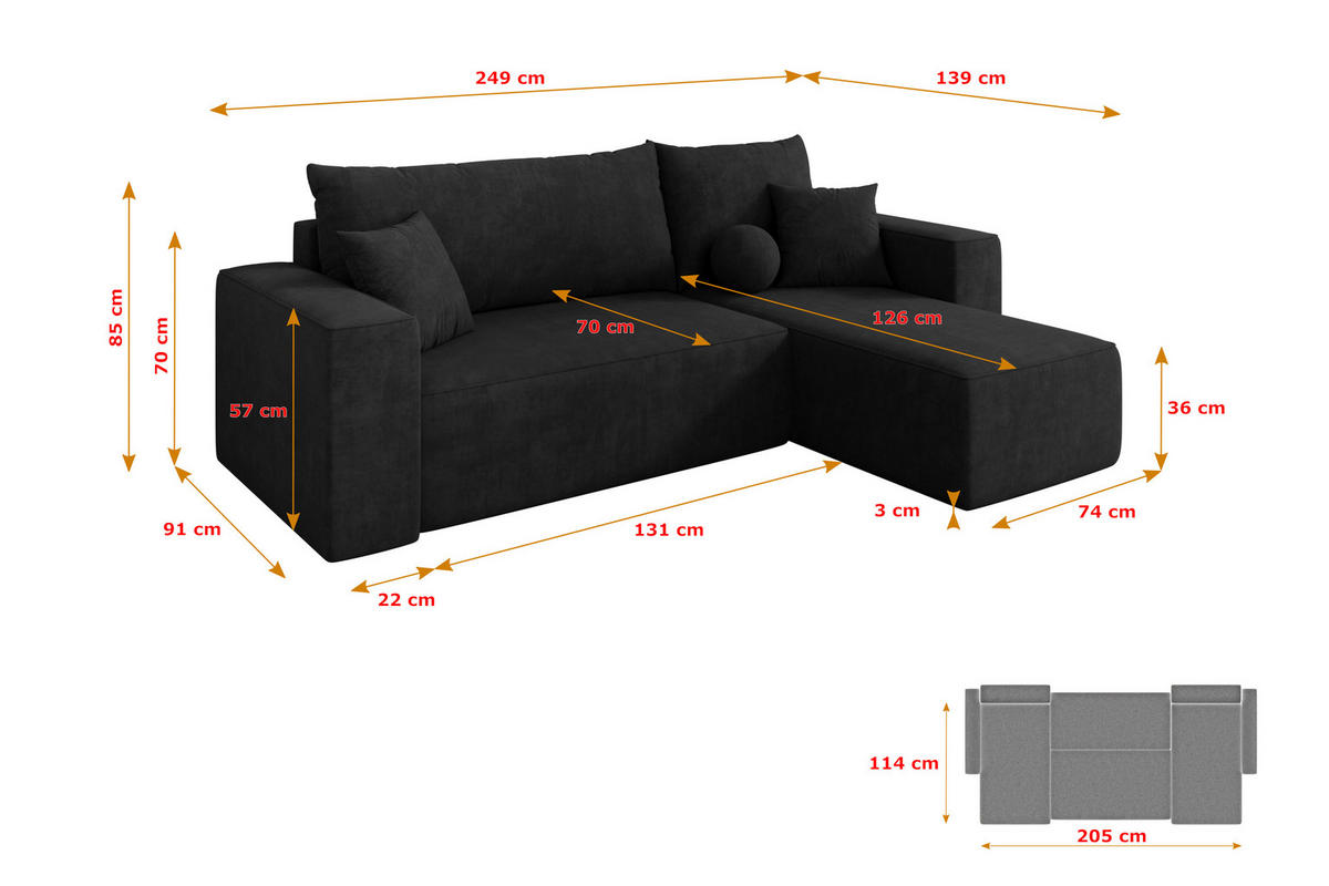 ROHOVÁ SEDAČKA s funkcí spaní, otoman vpravo SENO-L 249x139x85 černá velur - černá, kompozitní dřevo/textil (249/139cm) - ALTDECOR