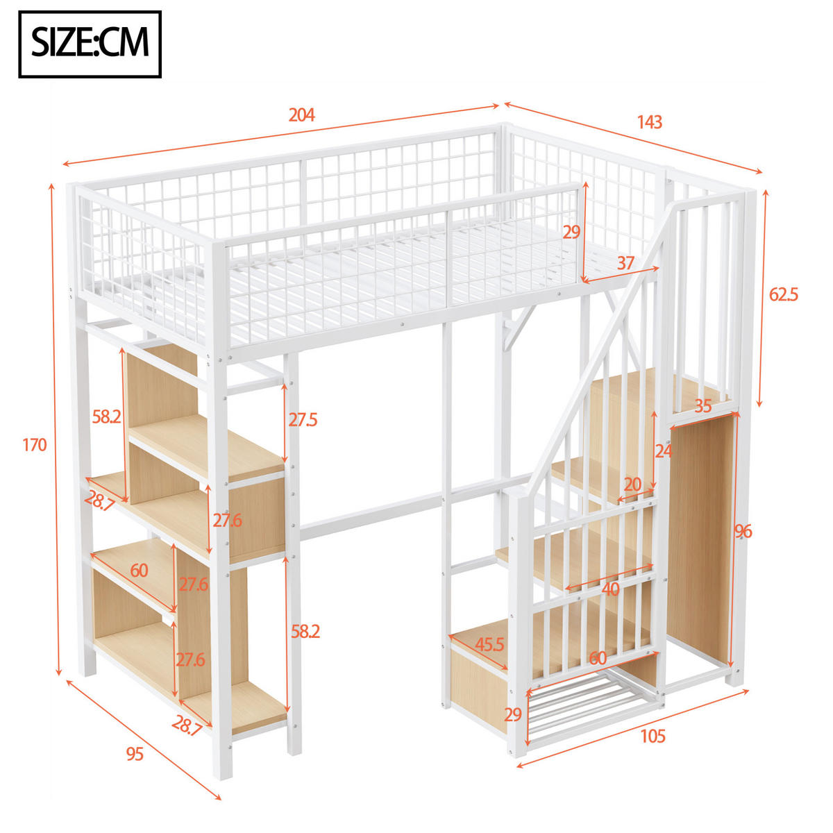 HOCHBETT 90/200 cm Weiß aus Metall und Holz mit Stauraumtreppe - Weiß, Metall (90/200cm) - OKMYHOME