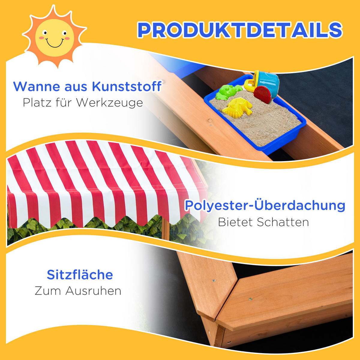 SANDKASTEN, Gelb, Tannenholz, Vliesboden, Polyester, Kunststoff - Gelb, Holz (107.5/107.5/110cm) - Outsunny