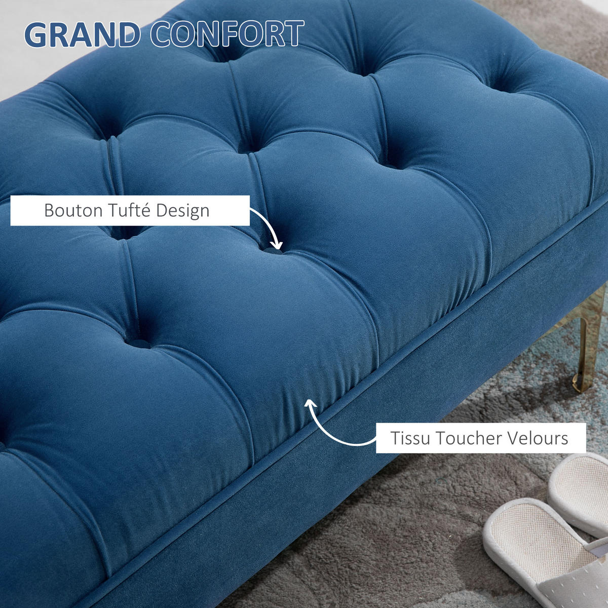 HOCKERBANK DE-12800 Knopfheftung und Goldbeine Blau - Blau, Textil (45/42/118cm) - ComfortXL