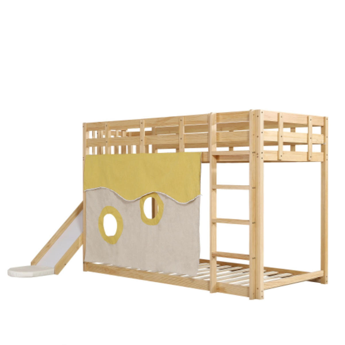 ETAGENBETT 90/200 cm in Natur mit Treppe, Rutsche und Bettvorhang - Naturfarben, Holz/Holzwerkstoff (90/200cm) - CHICFURN