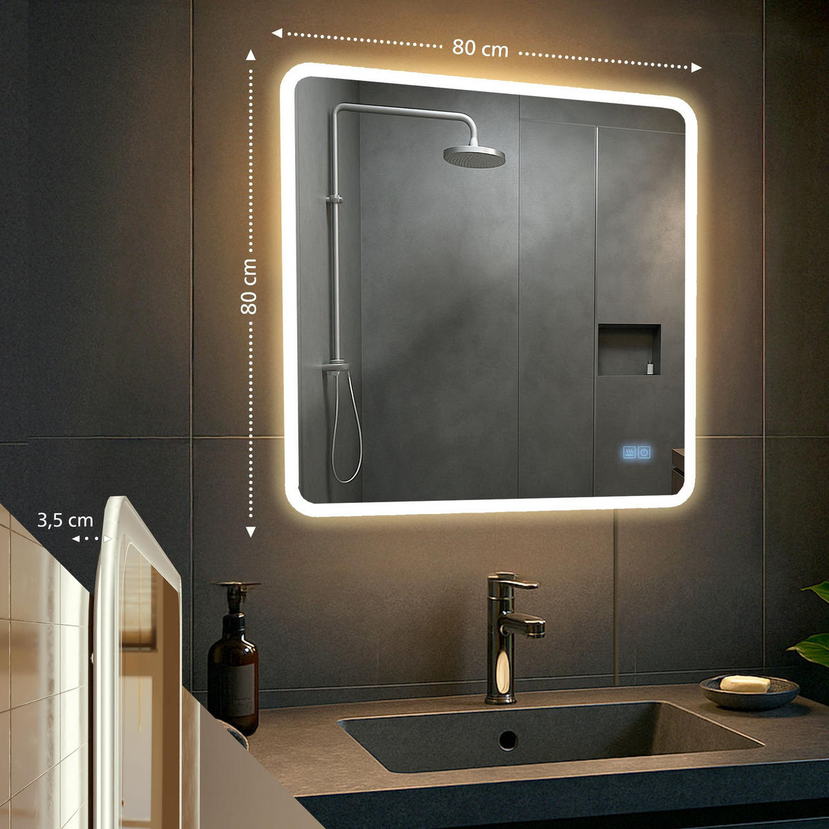 BADSPIEGEL Wien 80x80 Bluetooth 80x3,5x80cm Glas Klarglas Badezimmerspiegel - Klar, Glas (80/80/3.5cm) - DELUKE