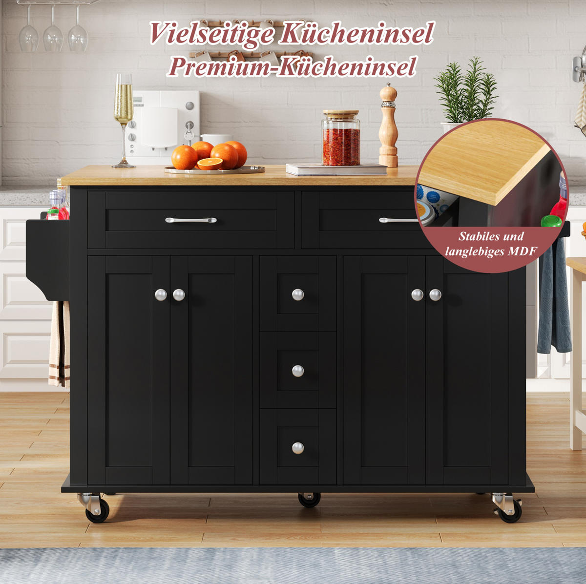 KÜCHENINSEL 140/89/40 cm Schwarz/Natur aus MDF mit ausklappbarer Arbeitsplatte - Schwarz, Holzwerkstoff (65/89/140cm) - OKMYHOME