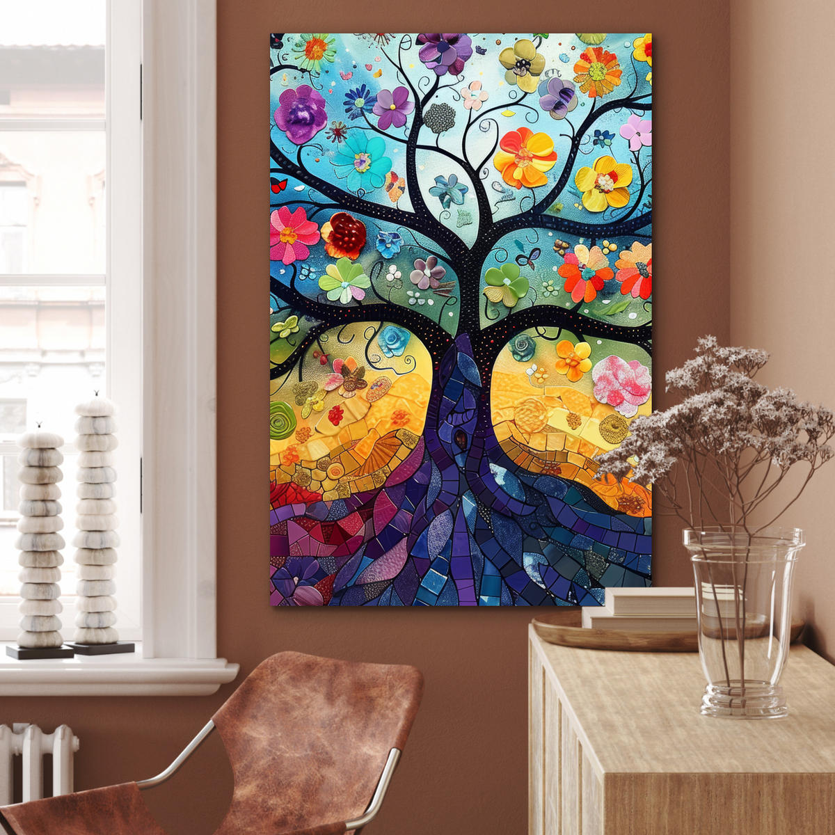 METALLBILD Kunst - Baum des Lebens - Blumen - Hippie 60x90 cm - Dunkelblau, Metall (60/90cm) - MuchoWow