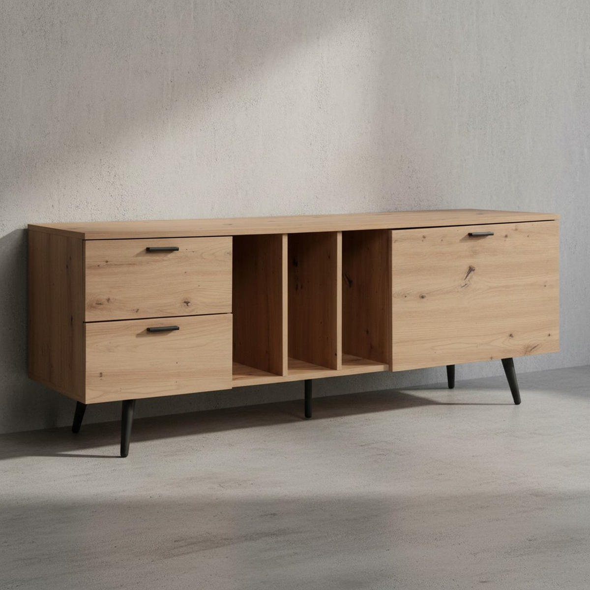 TV-LOWBOARD mit Eiche-Dekor, Tür und Schubladen, kompakte Aufteilung, Braun 150x40x55 cm - Schwarz/Braun, Holzwerkstoff/Metall (150/55/40cm) - KADIMA DESIGN