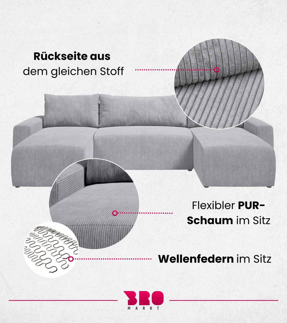 WOHNLANDSCHAFT Plush mit Schlaffunktion Hellgrau Cord - Hellgrau, Kunststoff/Textil (315/72/145cm) - Bromarkt