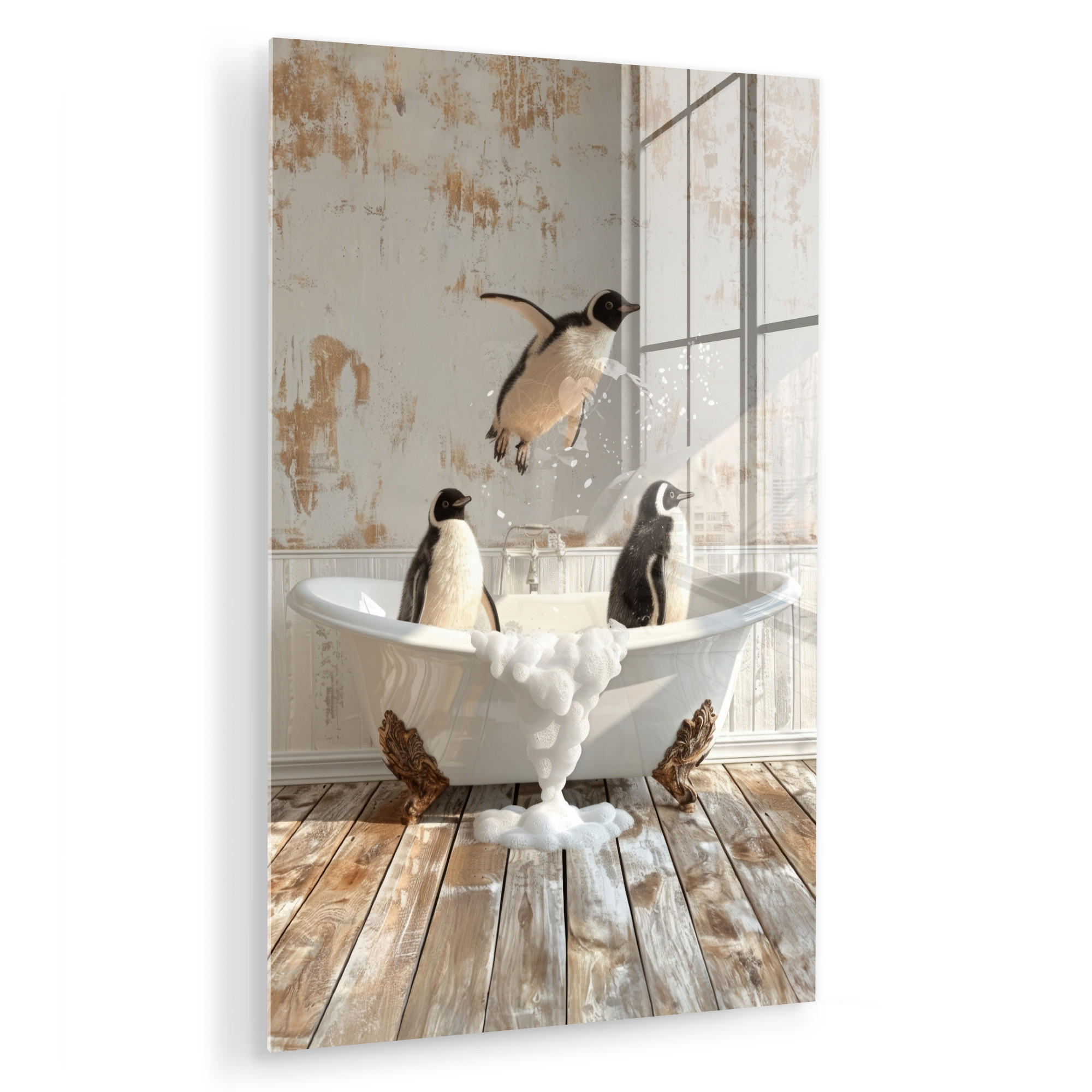 ACRYLGLASBILD Vintage - Pinguin - Badewanne - Schaumstoff 60x90 cm - Schwarz, Glas (60/90cm) - MuchoWow