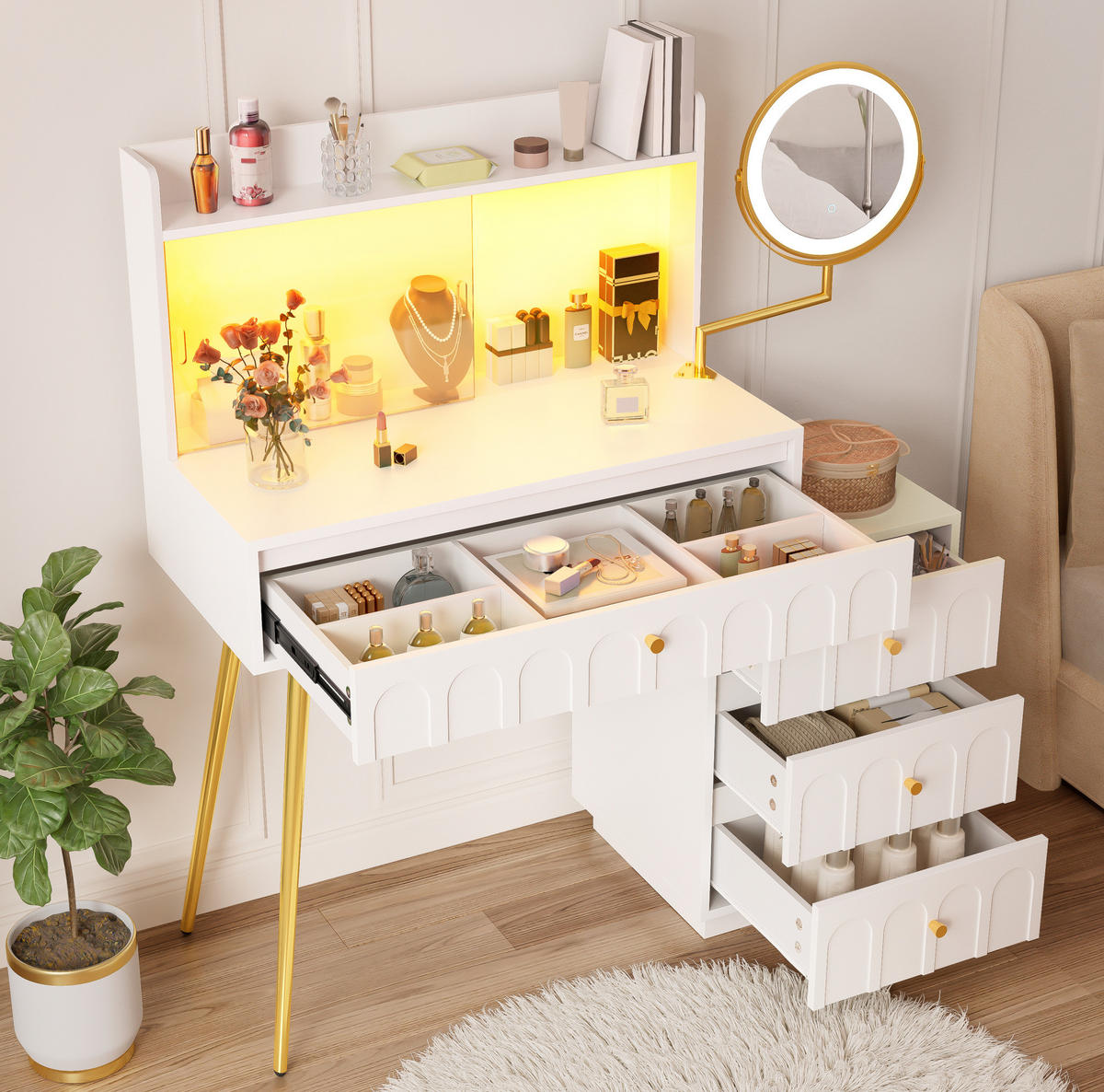 KOZMETIČNA miza, 112/34,5/116 cm, MDF in iverna plošča bela, z LED ogledalom in 4 predali - bela, leseni material (34.5/116/112cm) - BEAOK