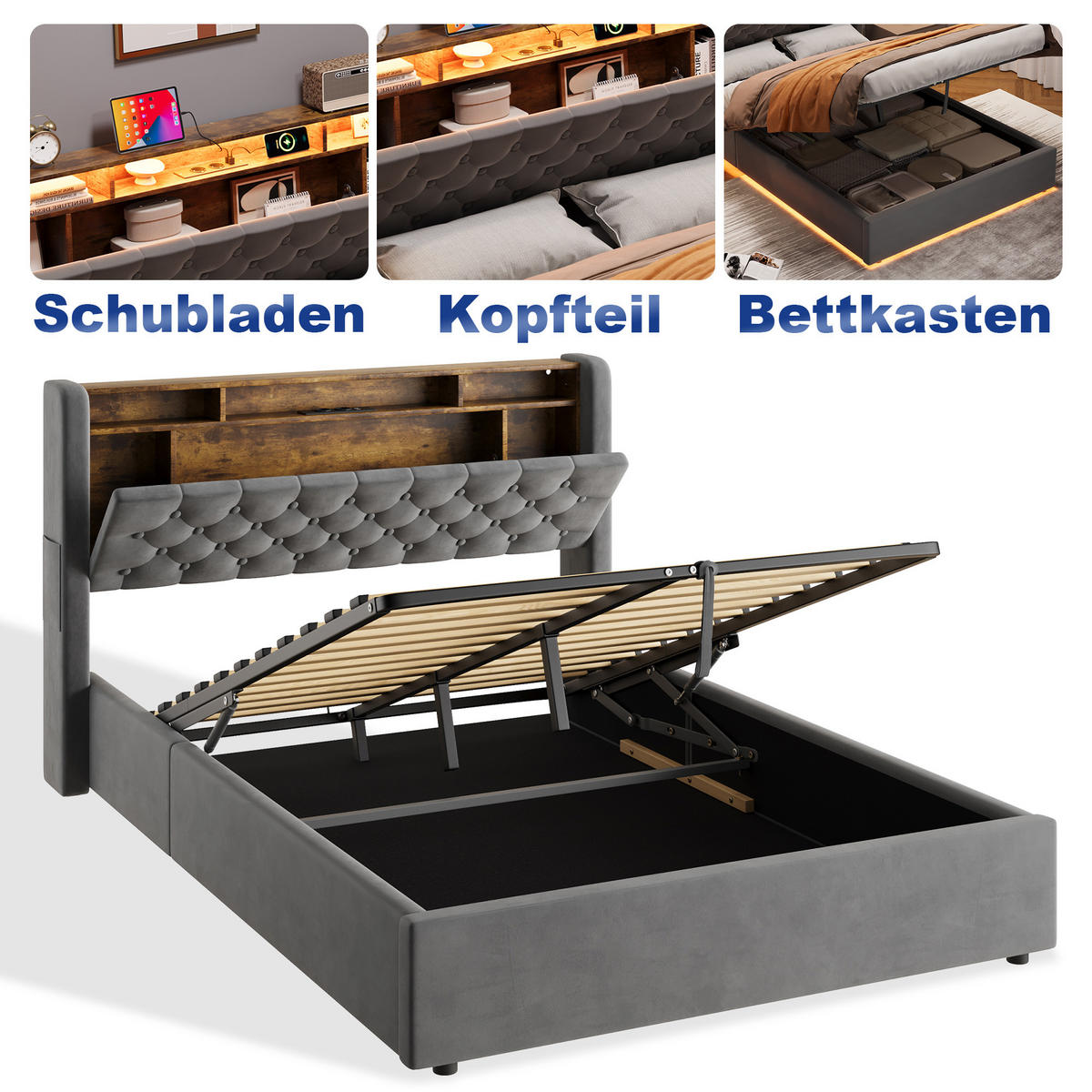 POLSTERBETT 140/200 cm mit hydraulischem Bettkasten, Schubladen, Klappbares Kopfteil, LED-Beleuchtung, Grau - Grau, Textil (140/200cm) - Redom