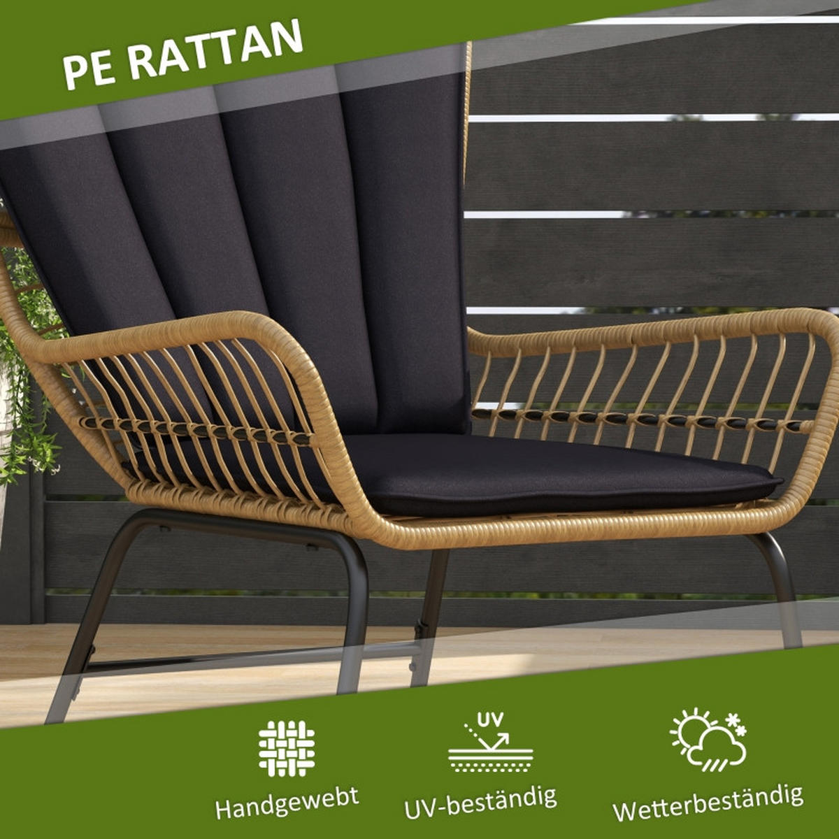 RATTAN GARTENMÖBEL SET 3-tlg. mit 2 Stühlen & Beistelltisch Hartglasplatte - Schwarz, Metall - ComfortXL