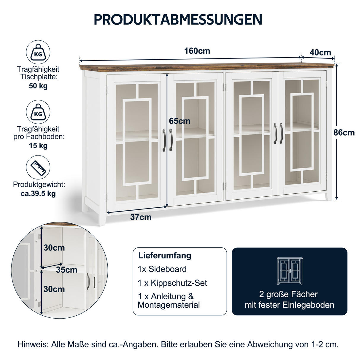 GESCHIRRSCHRANK 160 cm MDF Weiß mit Glastüren und Holzoptik-Arbeitsplatte - Weiß, Holzwerkstoff (40/86/160cm) - Korfee