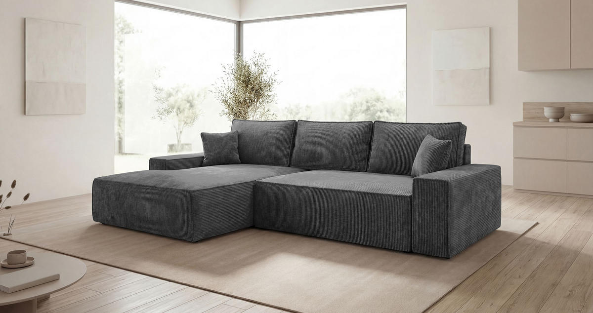 ROHOVÁ pohovka VERONA levá tmavě šedá manšestr Poso 60 - funkce spaní, úložný prostor - antracitová, textil (280/185cm) - Cornero