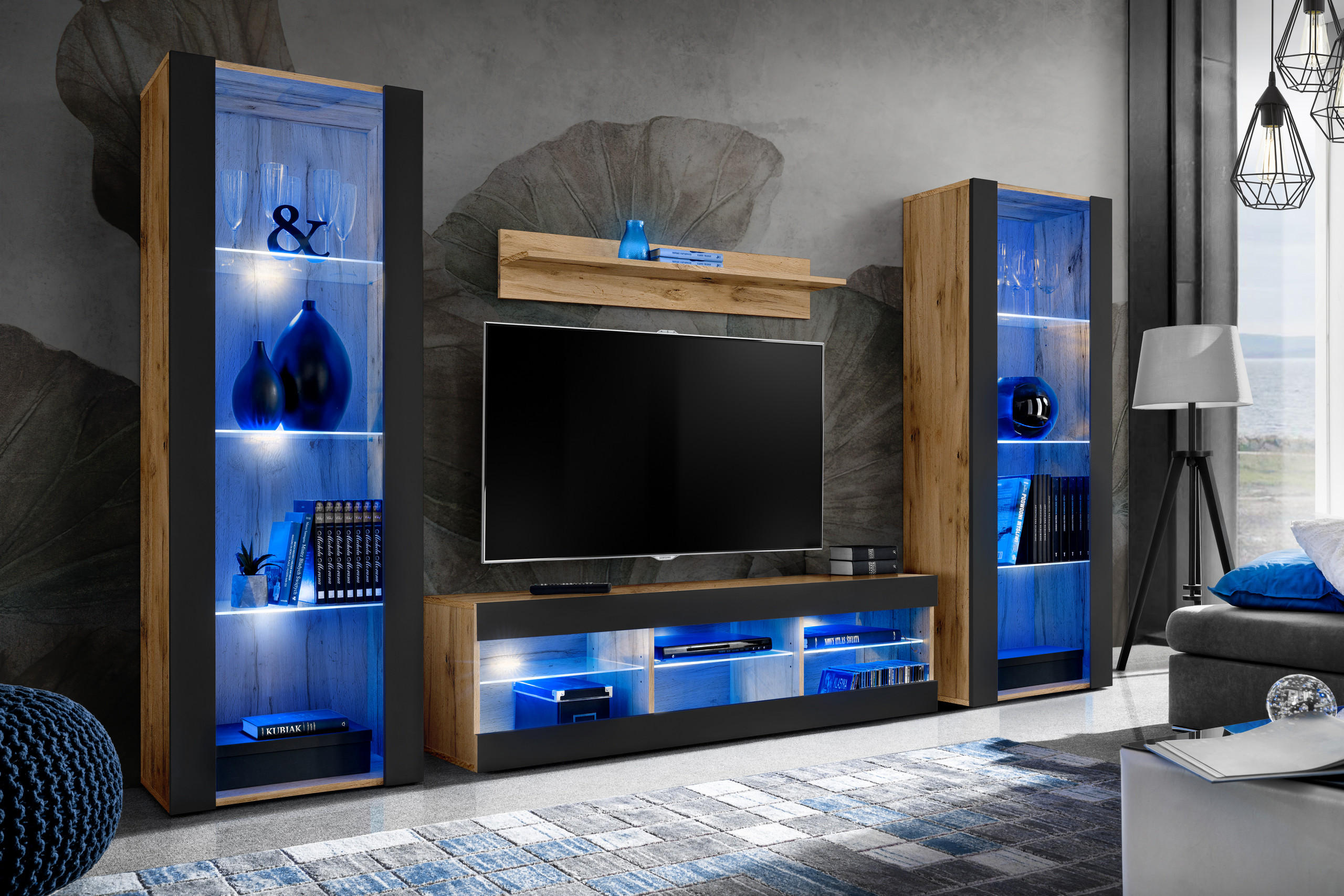WOHNZIMMERSET TIVOLI GRANDE, 4er-Set, Schwarz, LED Blau - Eiche Wotan/Schwarz, Glas/Holzwerkstoff (250/159/35cm) - Komodee