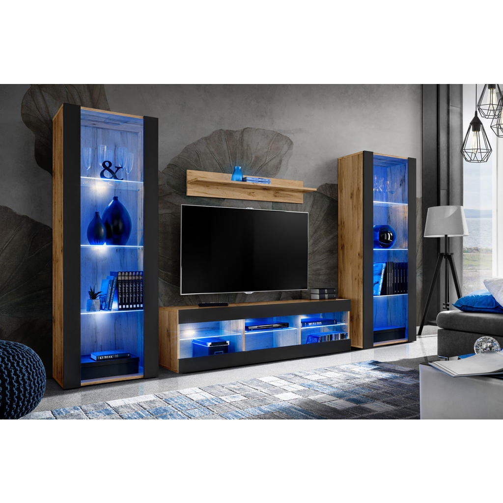 Thumbnail - Komodee Wohnzimmerset, Eiche Wotan, Schwarz, Holzwerkstoff, 9 Fächer, Rechteckig, 250x159x35 cm, Wohnzimmer, Wohnwände, ...
