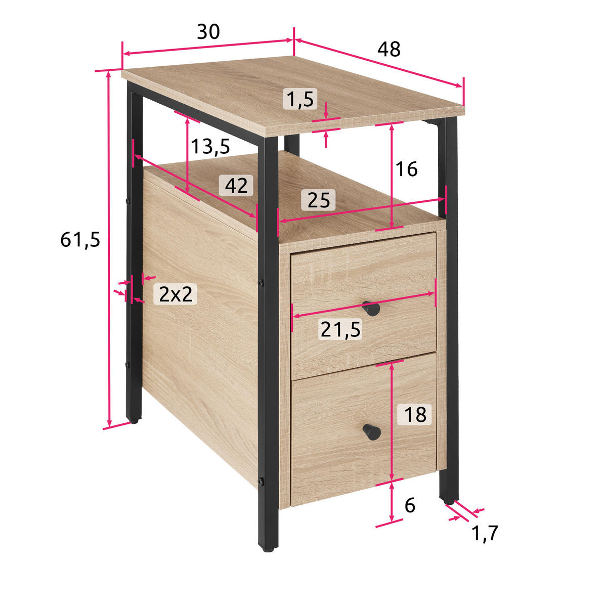 NACHTSCHRANK Tullamore, 30 x 49,5 x 61,5 cm, Industrial Holz hell, Eiche Sonoma - Naturfarben, Holzwerkstoff (30/61.5/49.5cm) - tectake