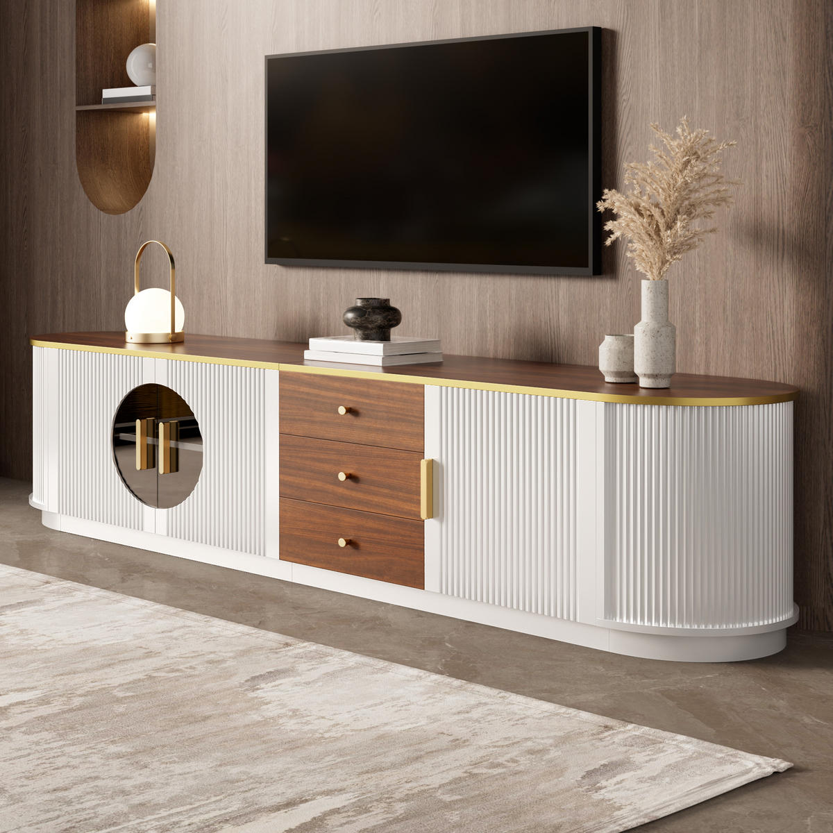 TV-ELEMENT 180/40/46 cm Weiß mit 3 Schubladen und Aluminiumgriffe - Weiß, Holz (180/46/40cm) - Oxeza