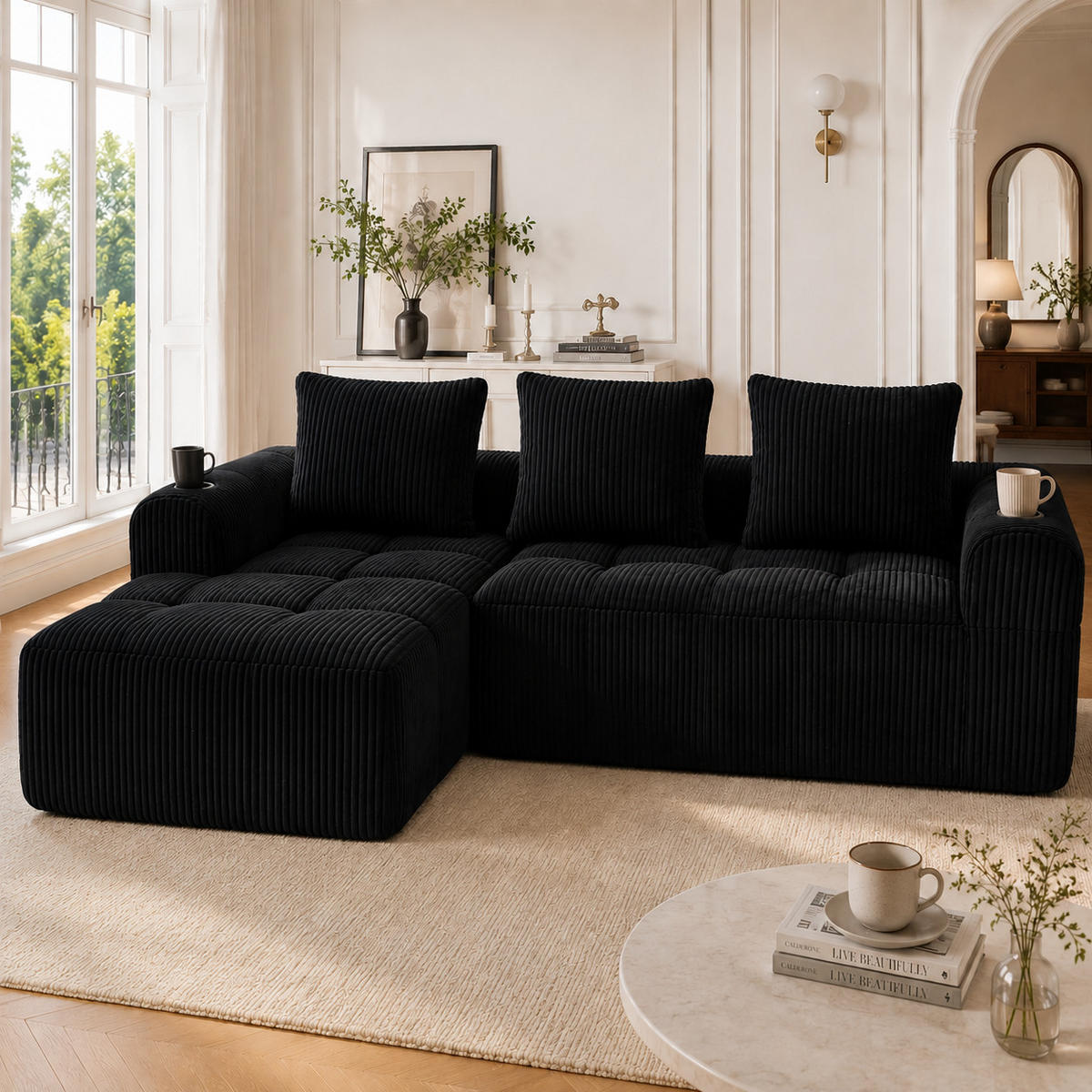 ECKSOFA DE-33721 mit Seitentasche und Becherhalter Schwarz - Schwarz, Textil (253/158cm) - ComfortXL