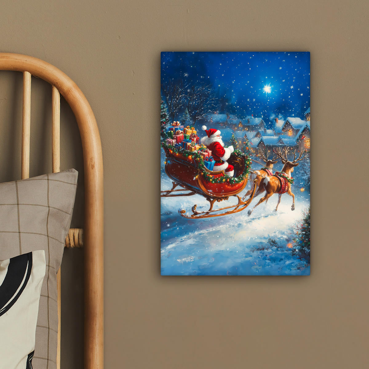 LEINWANDBILD Weihnachtsmann - Rentier - Weihnachten - Schnee 20x30 cm - Cognac, Textil (20/30cm) - MuchoWow