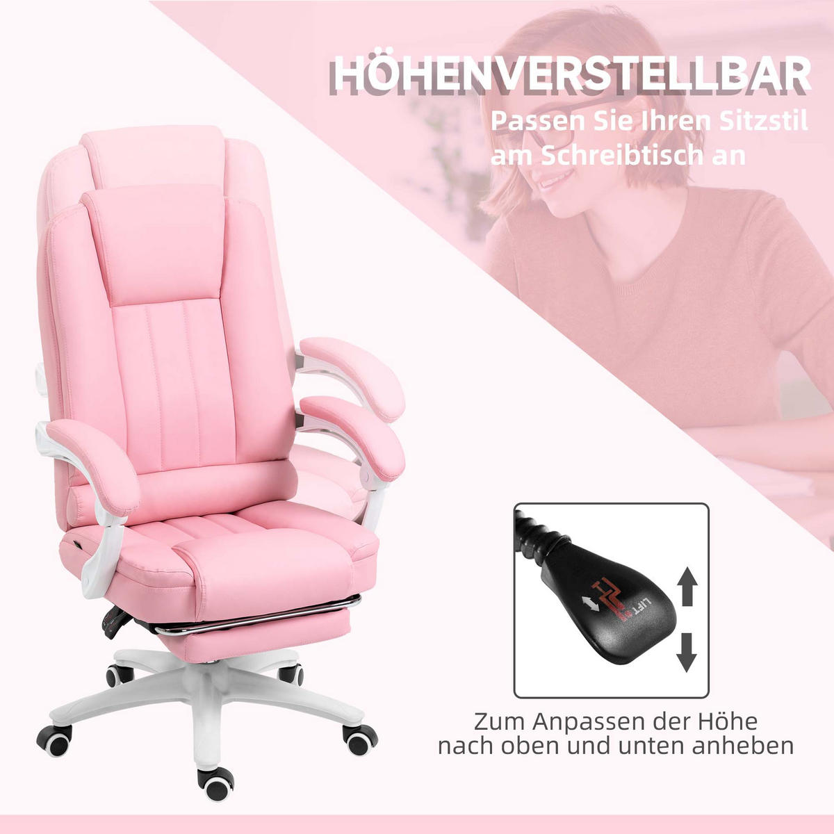 CHEFSESSEL, Bürostuhl, Kunstleder, Rosa - Rosa, Leder (68/116/65cm) - Vinsetto