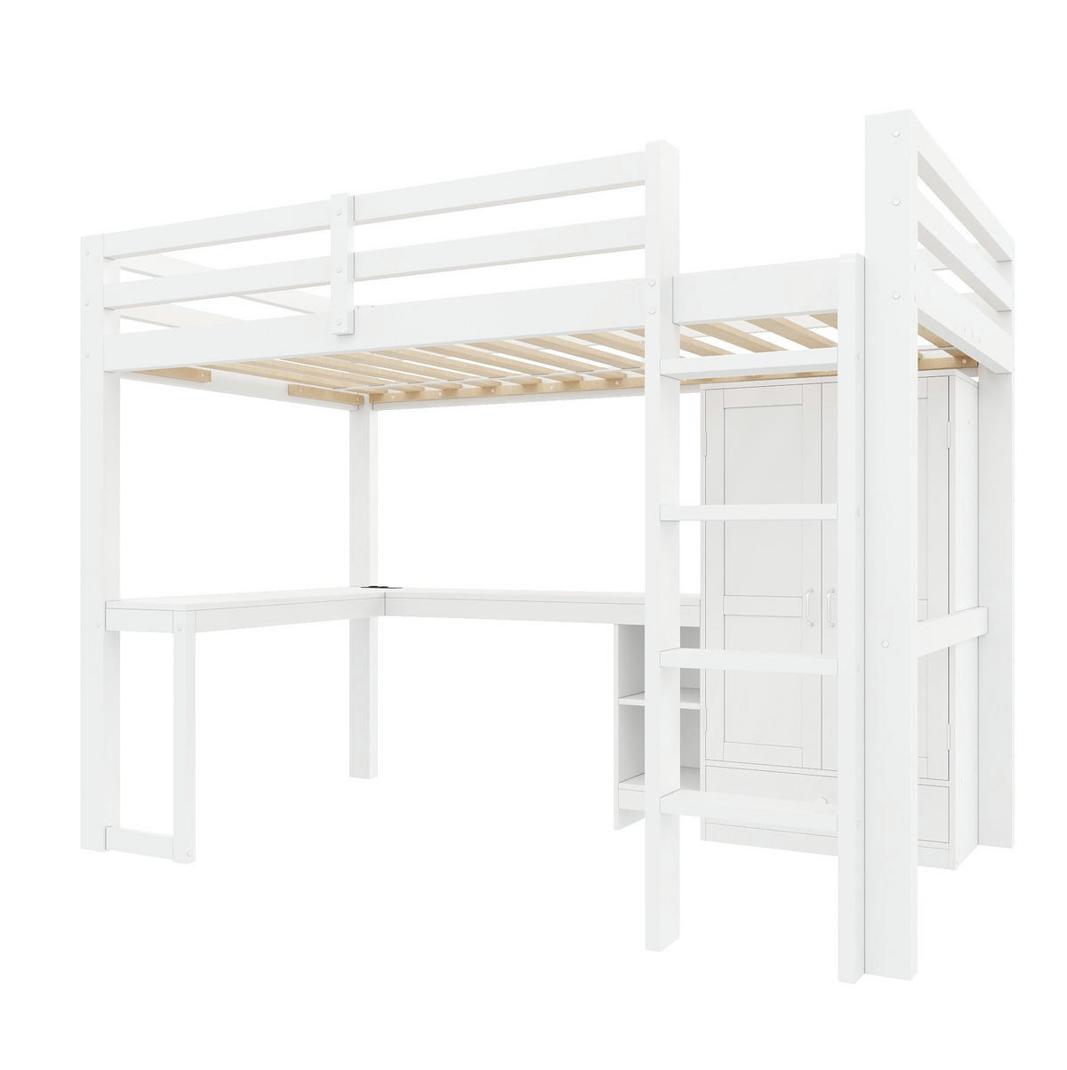 HOCHBETT aus Kiefernholz und MDF 90x200 cm Weiß mit Schreibtisch, Kleiderschrank, USB und LED-Beleuchtung - Weiß, Holzwerkstoff (90/200cm) - Modfu