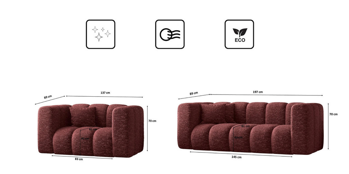 COUCHGARNITUR 2+1+1 Serie Grand Stilvol Stoff Haga Rotwein - Rot, Holz (197/70/91cm) - Kaiser Möbel