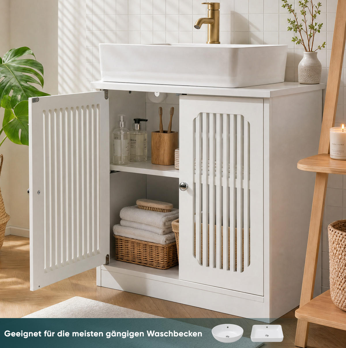 WASCHTISCHUNTERSCHRANK aus MDF 60x30x60 cm und Spanplatte Weiß mit Lamellenfront, verstellbarem Einlegeboden und Stauraum - Weiß, Holzwerkstoff (60/60/30cm) - Modfu