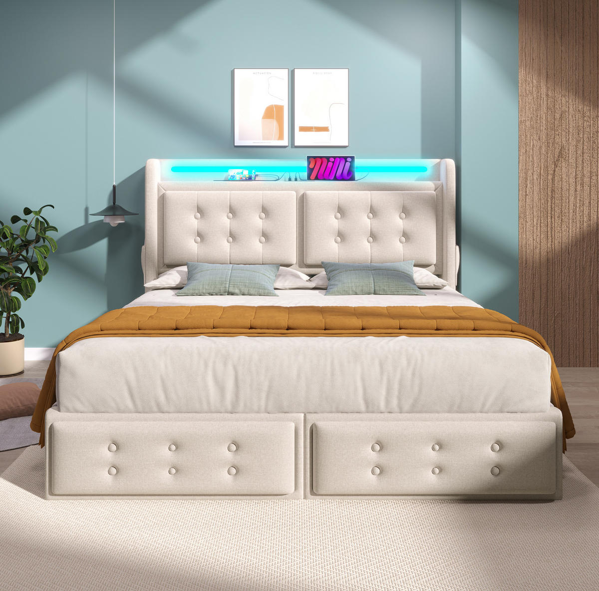 POLSTERBETT aus Baumwoll-Leinen 160x200 cm Beige mit LED, USB-C, 4 Schubladen und Matratze - Beige, Textil (160/200cm) - Modfu