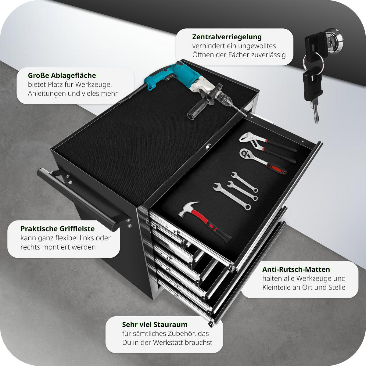 WERKZEUGWAGEN ,Rollen Ø 100 mm,schwarz - Schwarz, Metall (33/79/69cm) - tectake