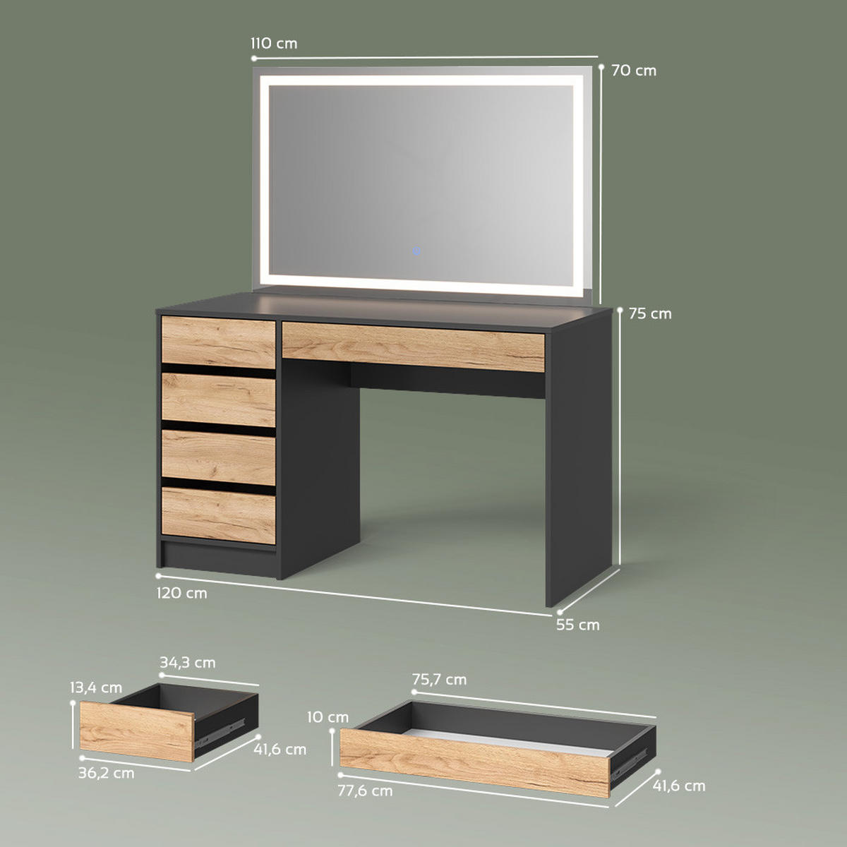 SCHMINKTISCH Imola Anthrazit/Goldkraft Eiche 120 cm mit LED Beleuchtung - Honigeiche/Anthrazit, Holzwerkstoff (120/75/55cm) - Livinity®