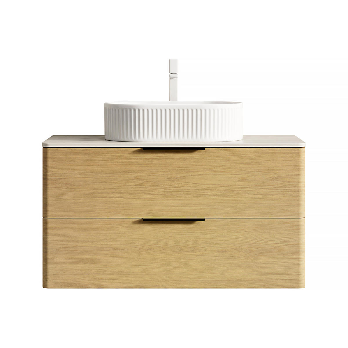 WASCHTISCHKOMBI 90x46x62.2cm Beige/Eiche/Weiß mit ovalem Keramikbecken & Travertin-Arbeitsplatte - Eichefarben, Keramik (90/62.2/46cm) - Modfu