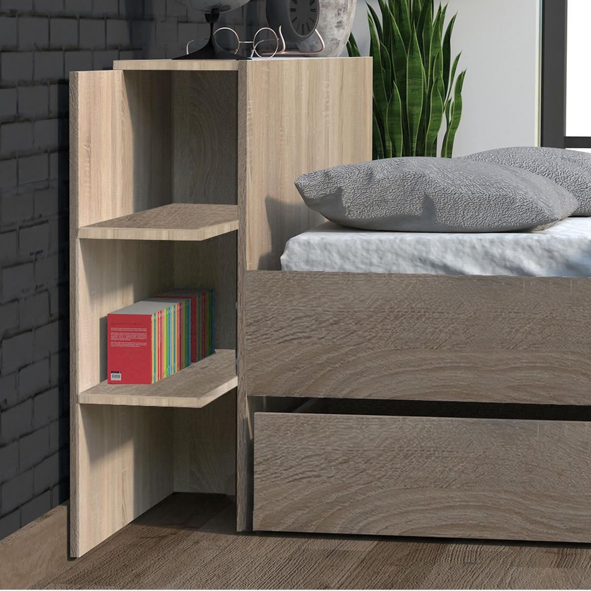 BETT CITY mit Kopfteil und Schublade/ Bett 140x190 - Eiche gebleicht Dekor - Sonoma Eiche, Holzwerkstoff (140/190cm) - Weber Industries