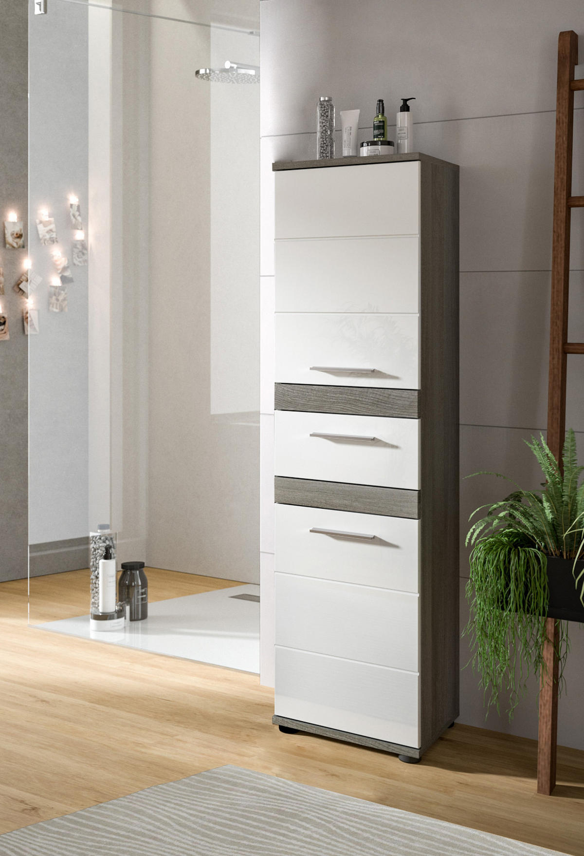 MIDISCHRANK weiß Hochglanz, grau 35 cm, Badschrank mit Schubkasten - Chromfarben/Weiß Hochglanz, Holzwerkstoff/Kunststoff (35/137/31cm) - Inn.Furn