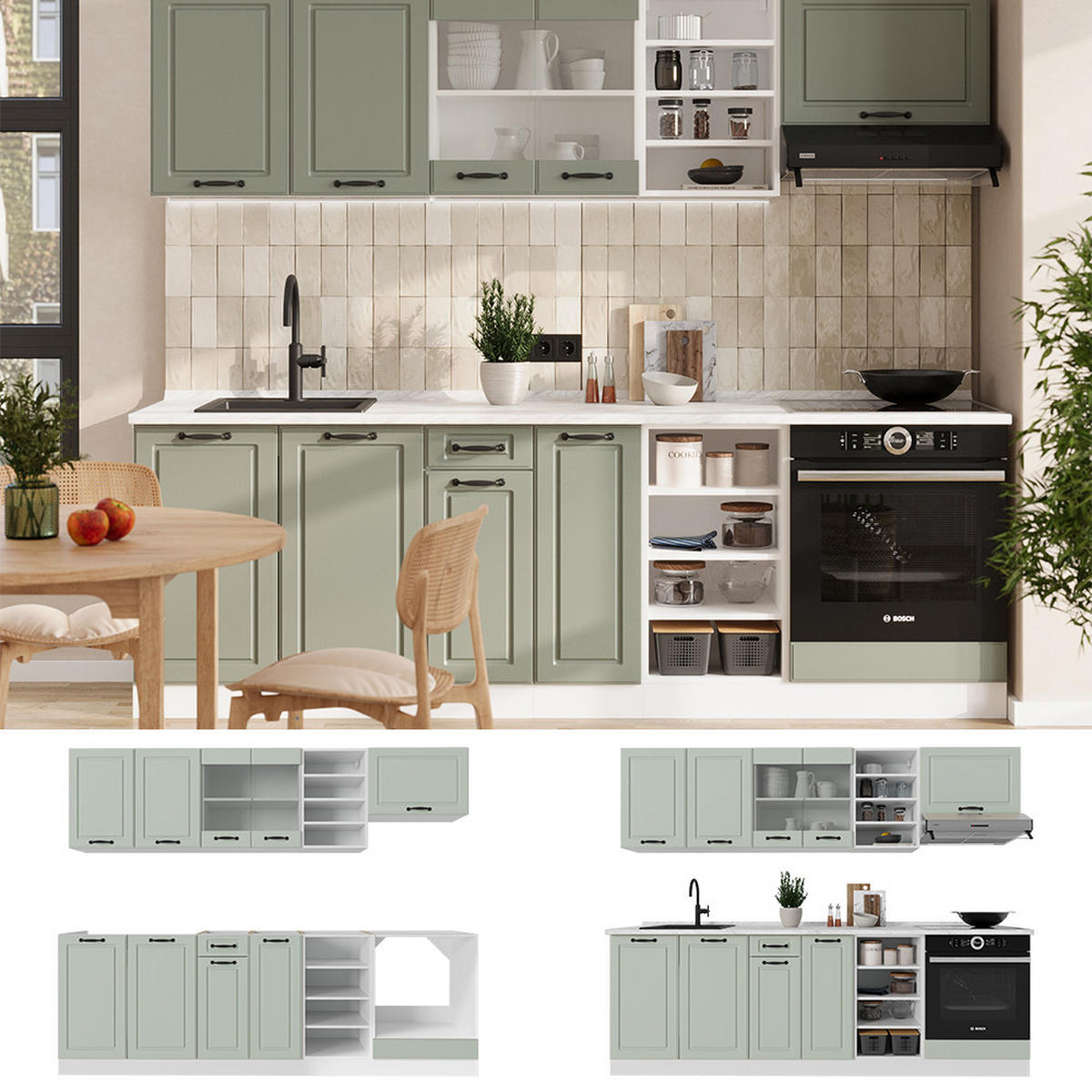 KÜCHENZEILE R-Line, Mint Landhaus/Weiß, 240 cm ohne Arbeitsplatte - Weiß/Grün, Holzwerkstoff (240/206.8/46cm) - Vicco
