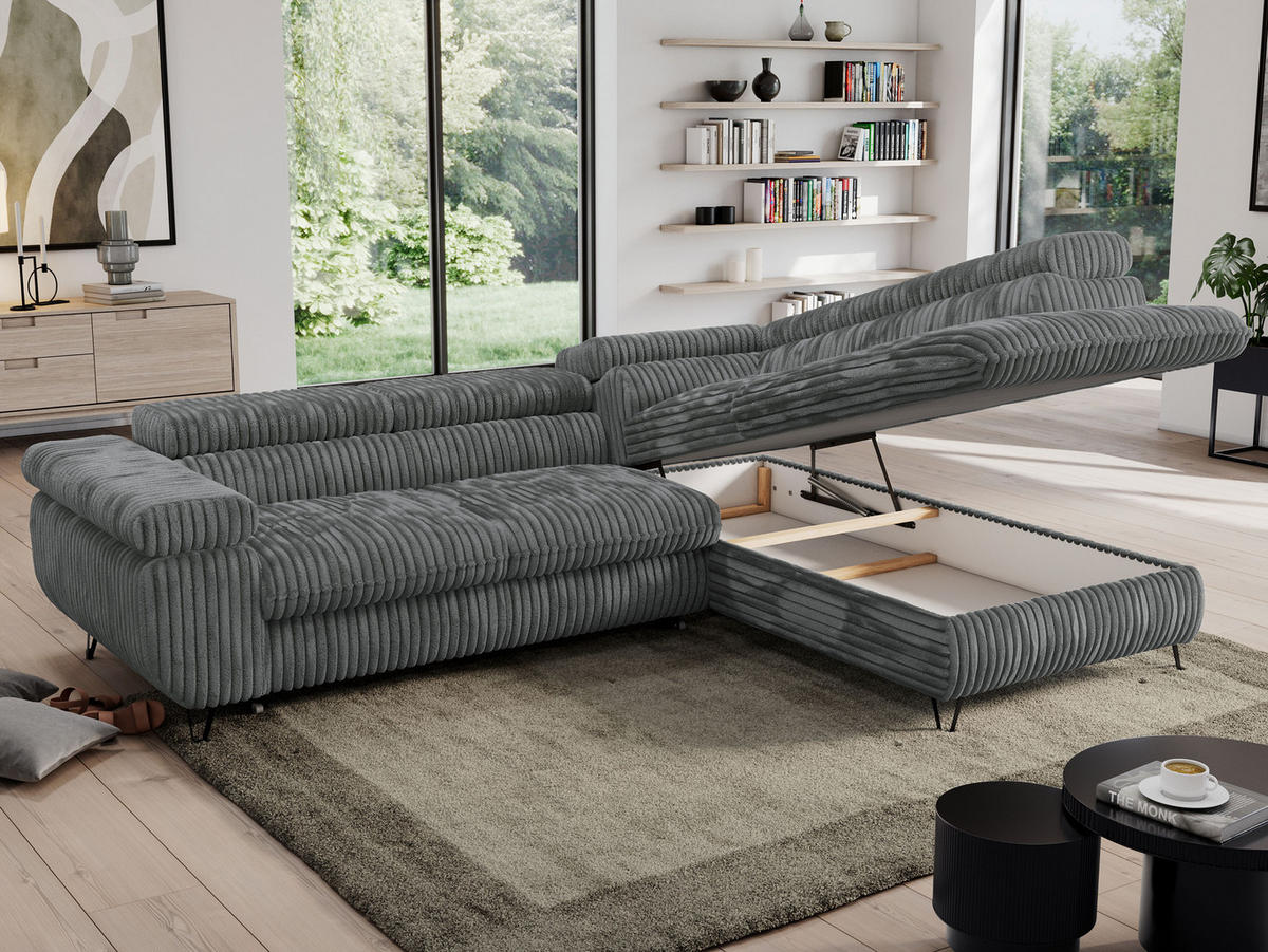 ECKSOFA PEDRO L Dunkelgrau Cord - Rechts Seite - Dunkelgrau/Schwarz, Textil/Metall (273/208cm) - MKS