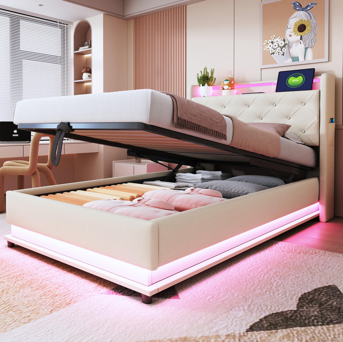 KINDERBETT 90/200 cm Beige aus Leinenstoff mit LED und Stauraum - Beige, Textil (90/200cm) - OKMYHOME