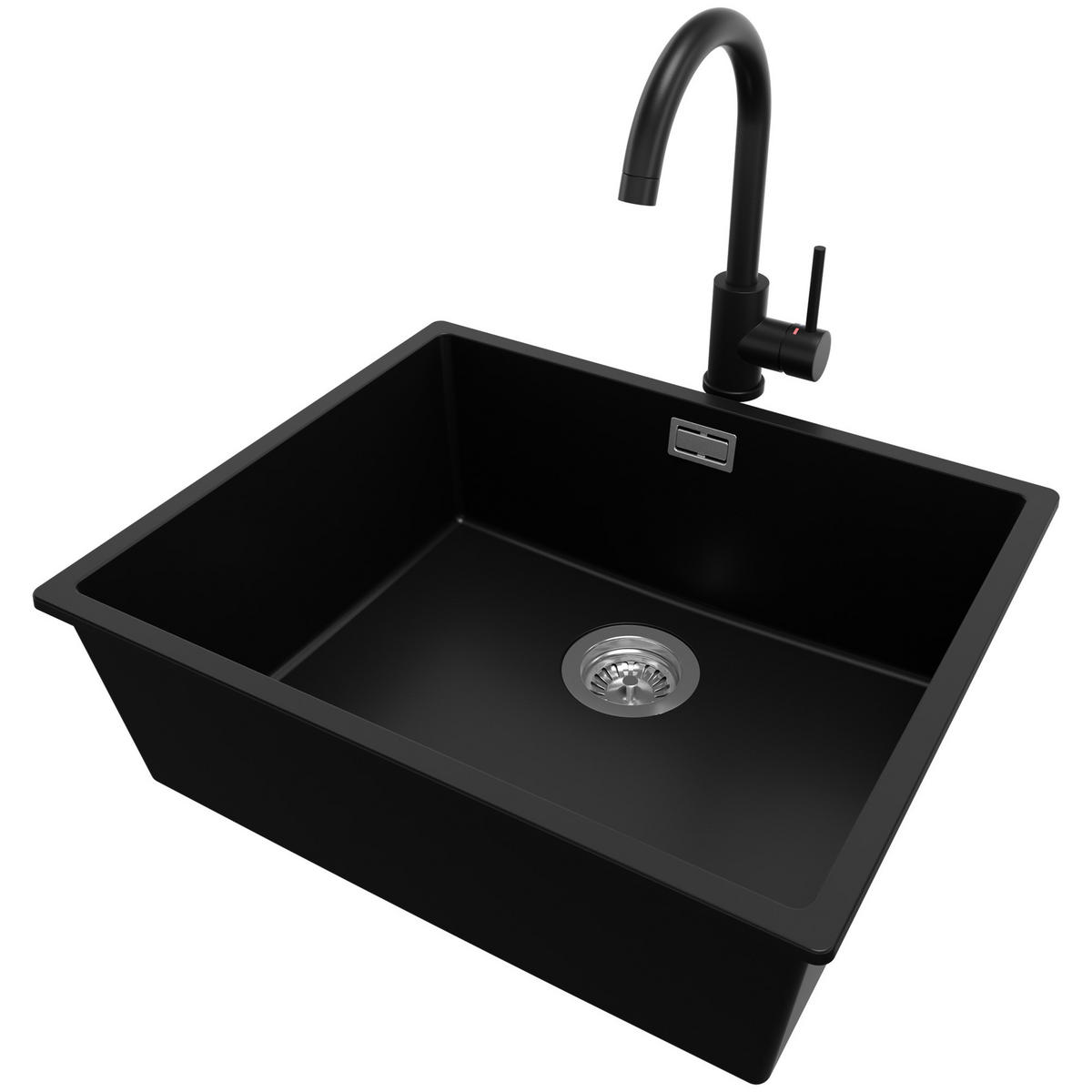 UNTERBAUSPÜLE GRANIT London, 2-er set Schwarz 56/47 cm 1 Becken + Küchenarmatur 32/20 cm + Ablauf-Set ab 60er Unterschrank - Chromfarben/Schwarz, Kunststoff (56/20/47cm) - Primagran