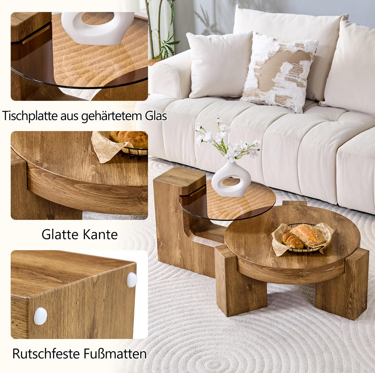 COUCHTISCH aus MDF und Glas Ø61x30 cm in Holzoptik mit 2 Ebenen - Naturfarben, Holzwerkstoff (61/61/30cm) - Modfu