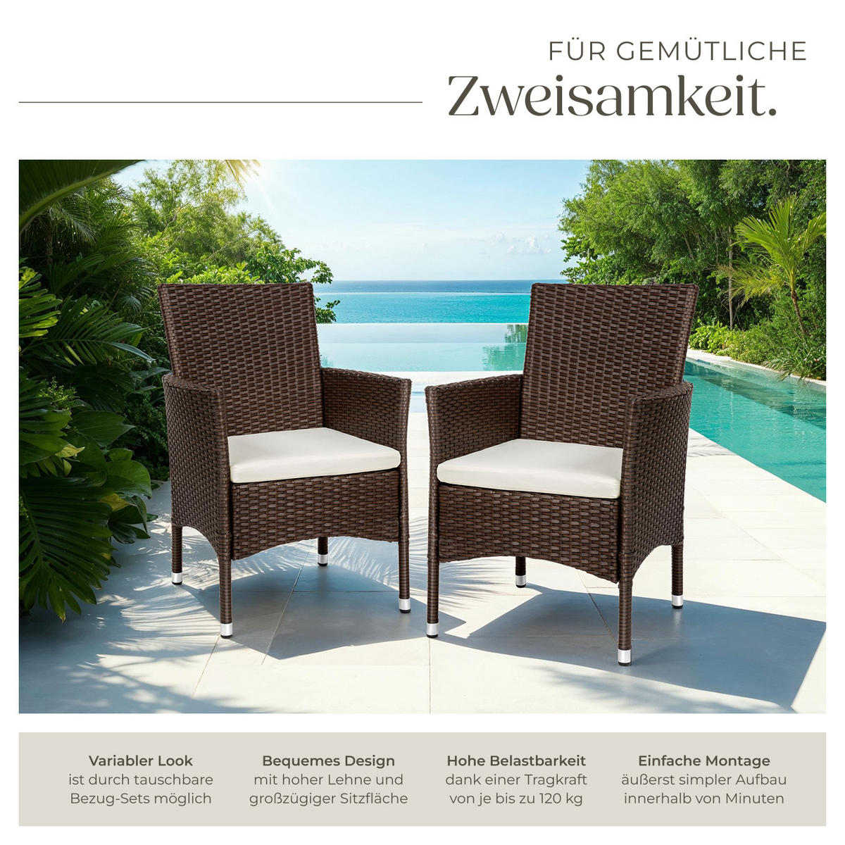 RATTANSTUHL 2er Set Nantes,59 x 57 x 85 cm,braun/beige - Beige/Braun, Kunststoff (57/85/59cm) - tectake