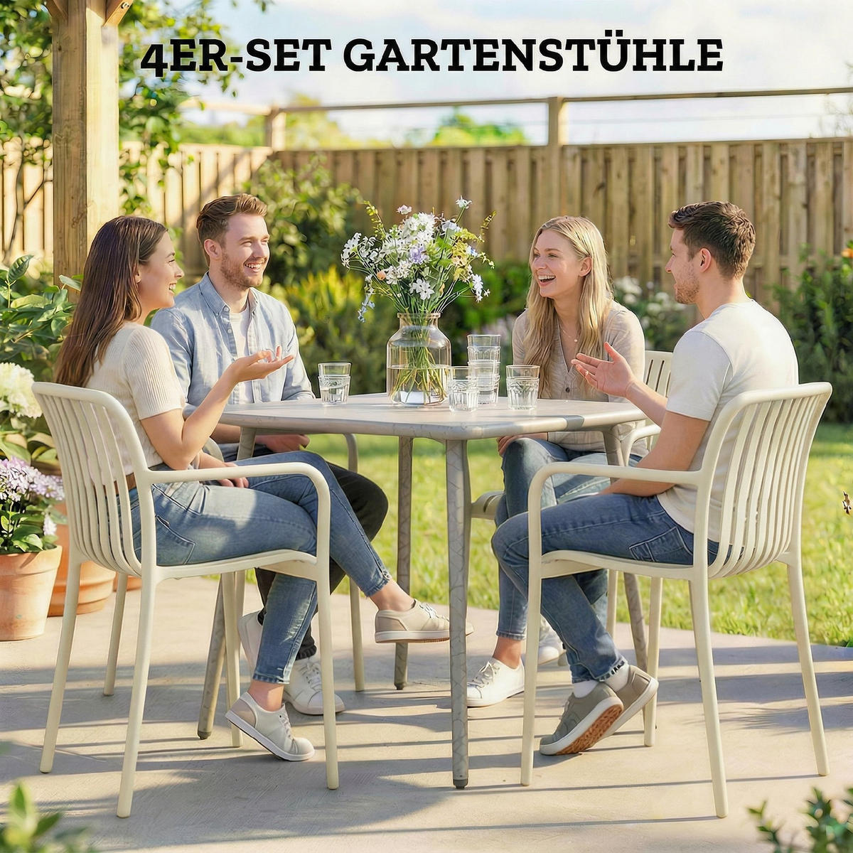 GARTENSTÜHLE 4er Set Stapelbare Terrassenstühle mit Lamelldesign Armlehnen, Ergonomisch Cremeweiß - Creme, Kunststoff (58.5/81.5/55cm)