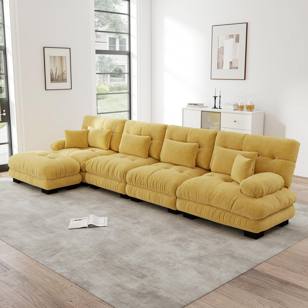 4-SITZER ECKSOFA Chenille Gelb mit Ottomane - Gelb, Textil (406/145cm) - WISHDOR