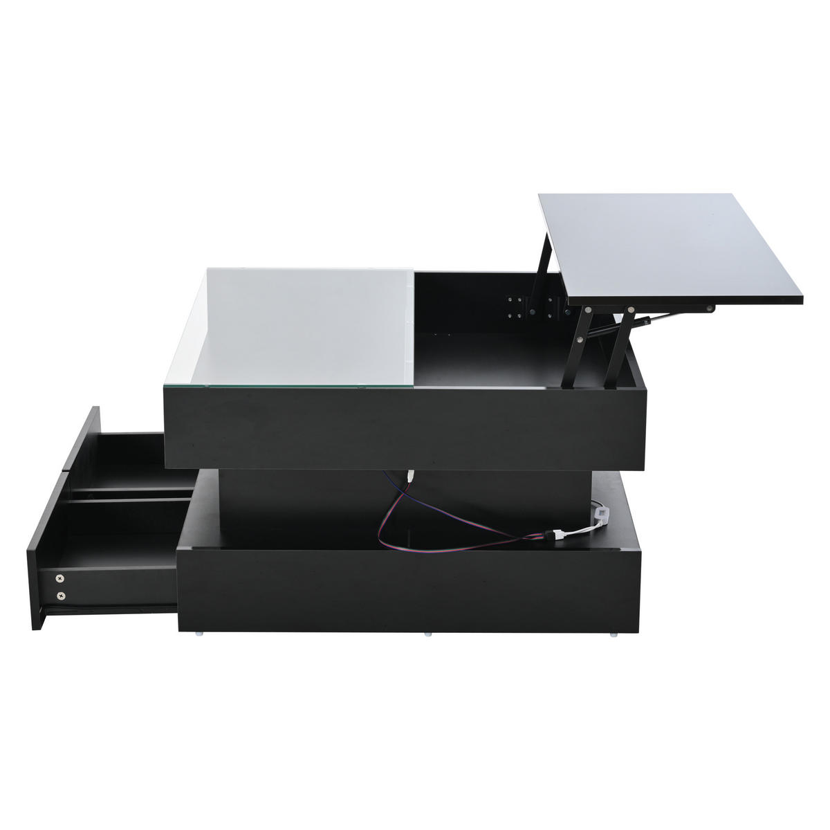 COUCHTISCH LED Schwarz höhenverstellbar 2 Schubladen 80x80x45cm - Schwarz, Holzwerkstoff (80/80/45cm) - FLIEKS