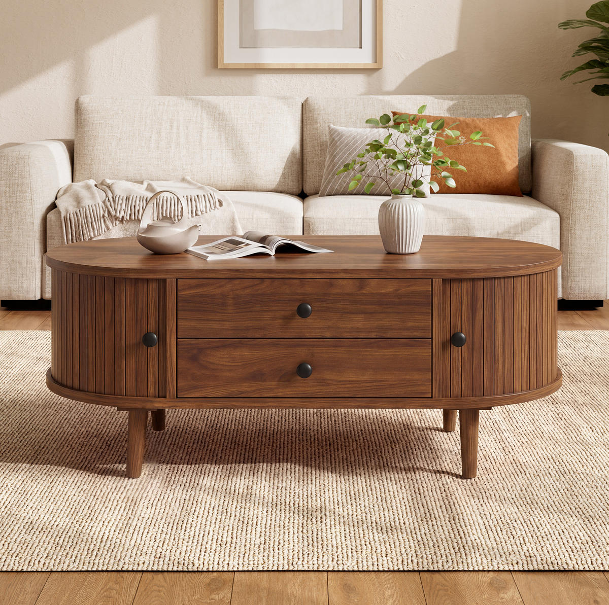 COUCHTISCH 100/50/40 cm in Nussbaum mit Schiebetüren und 2 Schubladen - Walnussfarben, Holzwerkstoff (50/100/40cm) - BEAOK